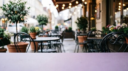 Obraz premium Outdoor Cafe Terrace with Iron Tables and Potted Plants for Lifestyle Design