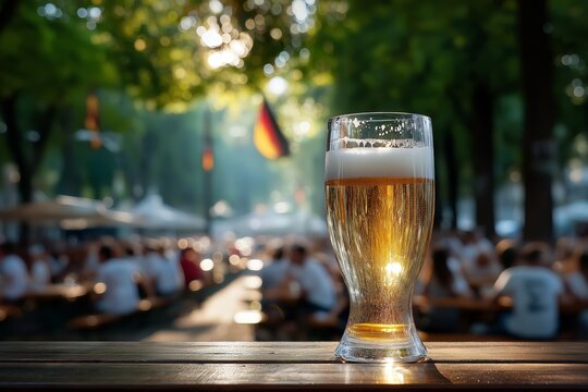 Refreshing glass of cold beer on wooden table with blurred background of people enjoying outdoor beer garden during warm sunny day