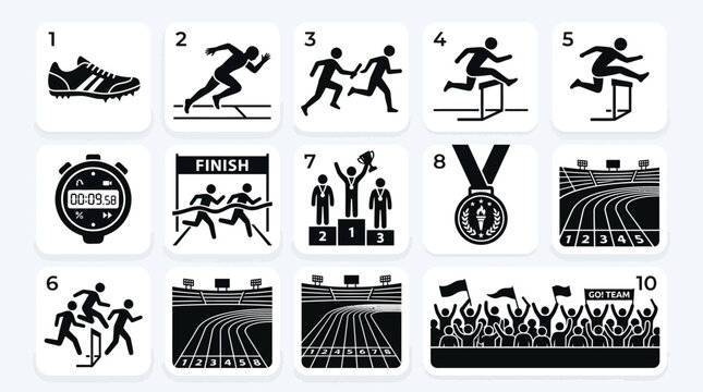 Flat silhouette athletics icon set, running shoe, sprinter pose, relay baton, hurdle, stopwatch, finish line ribbon, winner podium, medal, stadium track, and cheering crowd