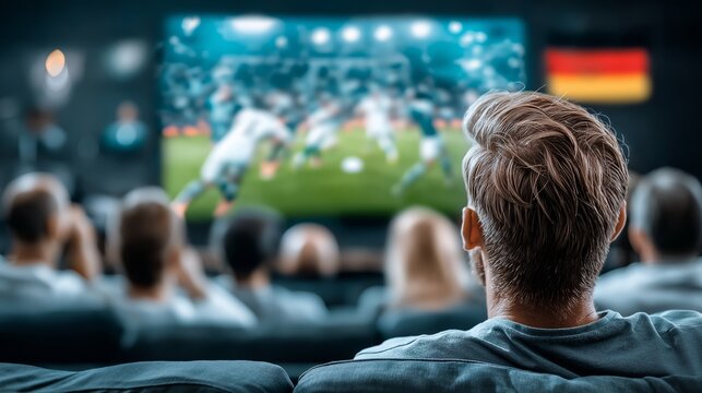 Group of diverse people watching soccer match on big screen TV at home with German flag in background showing live football game excitement