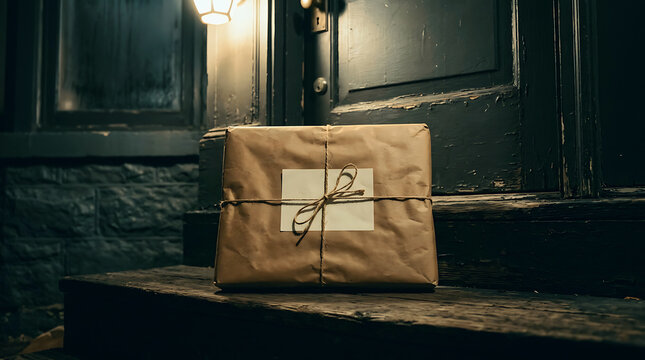 A small brown paper gift package tied with twine sitting on a dark wooden windowsill Detective Mystery Document, Dark Cinematic