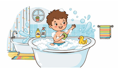 Kid Boy Taking a Bath Vector Illustration