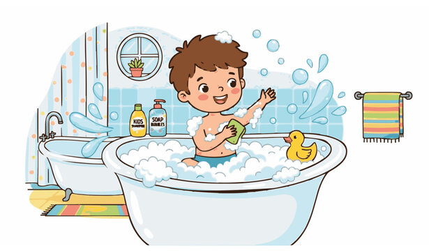 Kid Boy Taking a Bath Vector Illustration
