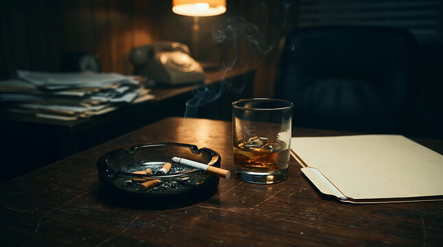 Glass of whiskey with cigarette in an ashtray and notebook on a dark wooden table in a dimly lit room Detective Mystery Document, Dark Cinematic