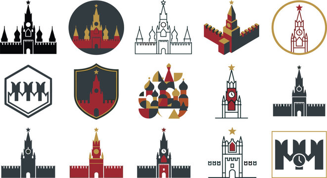 Moscow Kremlin Icon Set with Red Square Tower Silhouettes, Badges, and Architectural Symbols for Russia Travel and Heritage Designs