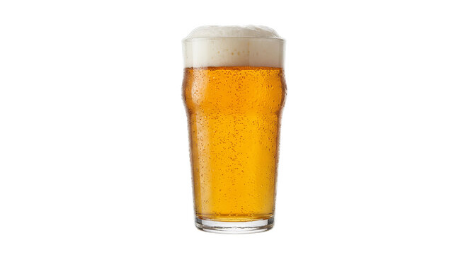 Refreshing pint of golden beer with a frothy head and condensation on the glass