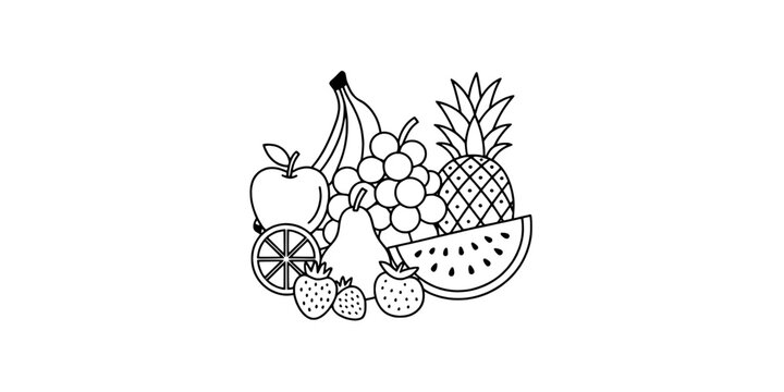 Fruit Outline Icon Illustration with Pineapple, Watermelon Slice, Grapes, Strawberry, Banana, and Citrus Segments on White Background