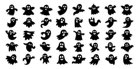 Fototapeta premium Ghost Character Icon Set with Cute Cartoon Silhouettes for Spooky Halloween Party Design and Playful Stickers