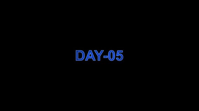Day 05 text animation neon on black background. neon day 05.Display day text animation with white font against on a solid black background and text animation 