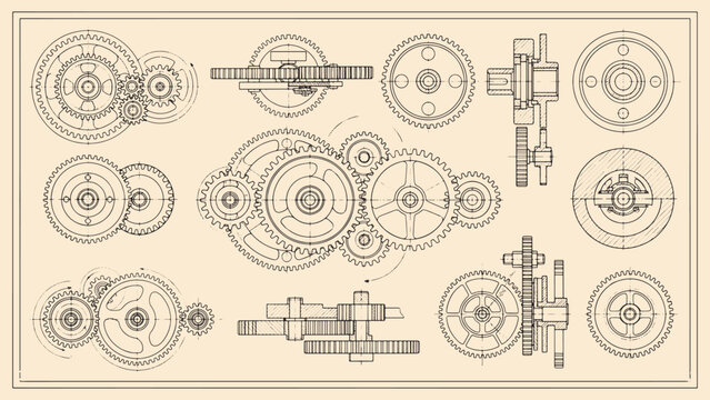 Vintage mechanical gears blueprint, antique clockwork engine technical drawing, retro industrial machine gear vector