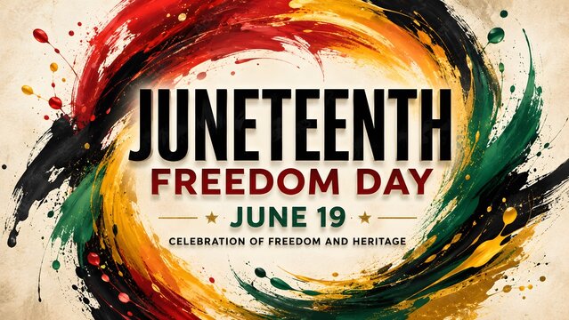 Juneteenth Freedom Day celebration with real raised hands, glowing heart palms, black smoky background, Pan African colors, unity, love and June 19 emancipation Holiday