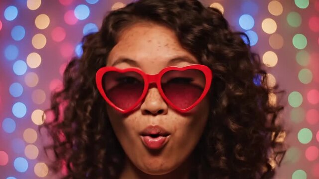 Young woman with curly hair wearing red heart shaped sunglasses making a kissy face.