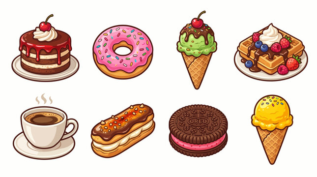 Colorful vector illustration of assorted sweet treats and coffee on a clean white background for design and graphic projects