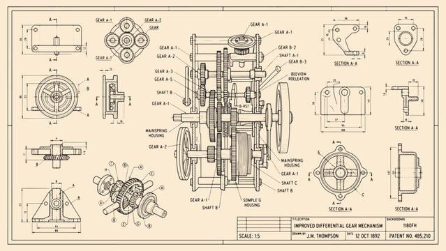 Vintage mechanical blueprint of improved differential gear mechanism, antique engineering technical drawing vector