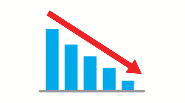 Vector graphic illustration of a downward trend shown by a red arrow over a blue bar chart on a white background with a gray base line
