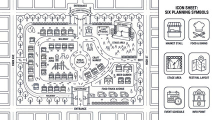 Street Fair Map Plan with Icons: Market, Food, Stage, Info Point © nad