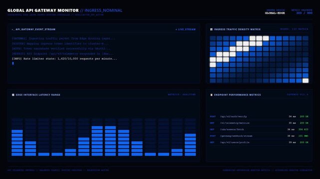 Futuristic Sci Fi Global API Gateway Network Monitor Dashboard Blue.