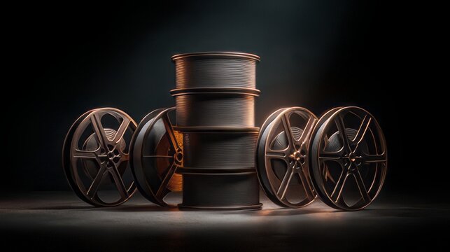 Metal film reels, depicted in a stacked arrangement with celluloid tape, evoke a classic cinema aesthetic.