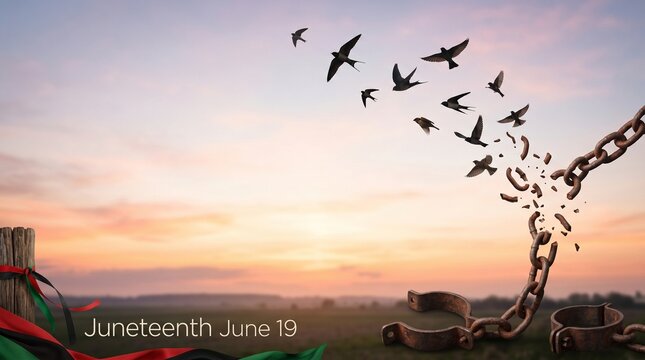 Juneteenth freedom concept with broken iron chains and flock of birds against sunset sky.