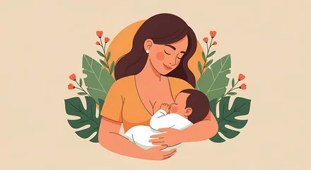 Mother cradling baby with floral elements illustration on transparent background motherhood © 121icons
