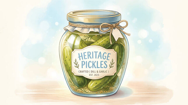 Jar of pickled green cucumbers.