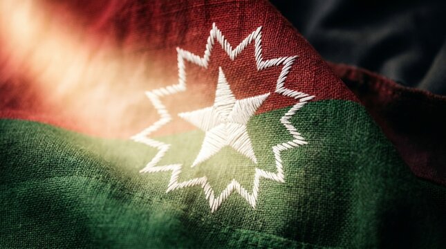 Close up of embroidered star on Juneteenth flag with red, green, and black colors.