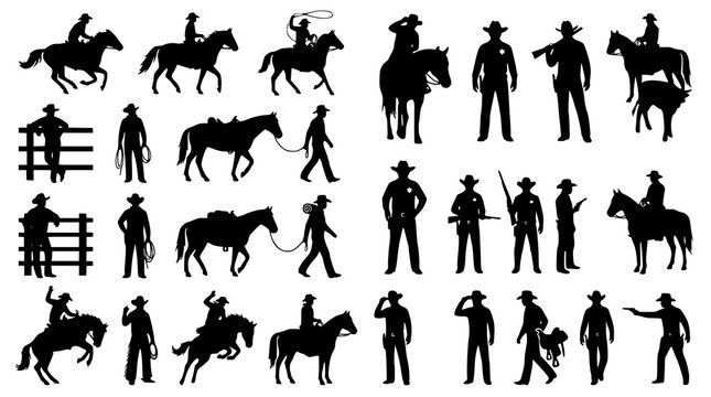 Western cowboy silhouette collection with frontier ranch and rodeo characters
