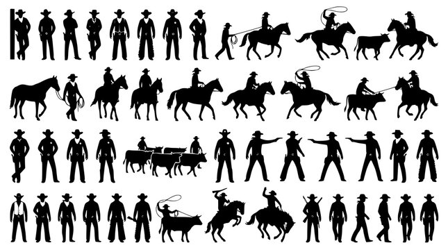Wild West cowboy silhouettes vector set with ranchers sheriffs and horseback riders