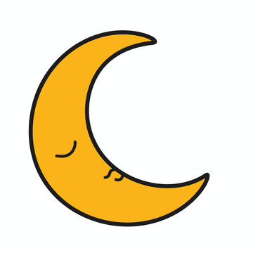 Cute cartoon yellow crescent moon icon with a sleepy face.