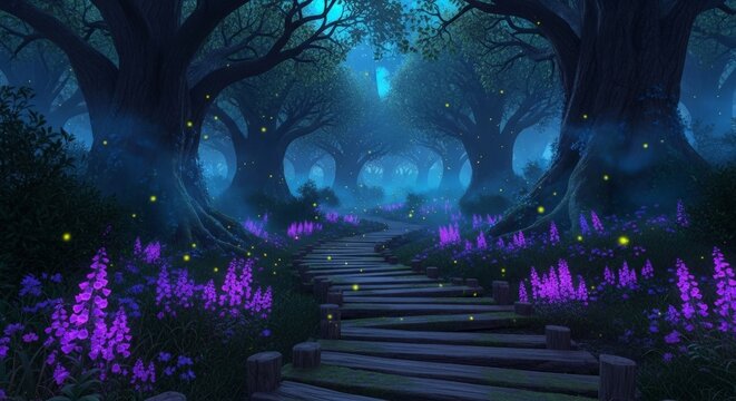 Magical night path through a glowing swamp forest with fireflies