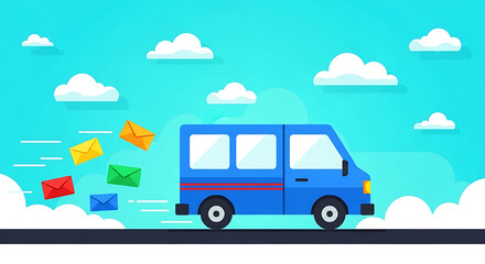 Fototapeta premium Blue delivery van with flying envelopes illustration on transparent background automobile