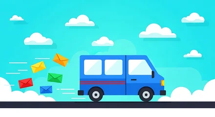 Blue delivery van with flying envelopes illustration on transparent background automobile © 121icons
