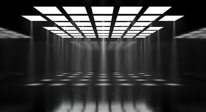 Empty stage with bright spotlights and checkered floor on transparent background