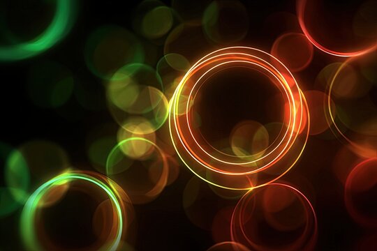 Abstract bokeh circles in vibrant shades of green, yellow, and red dance and glow against a dark background, creating a mesmerizing and energetic visual display.