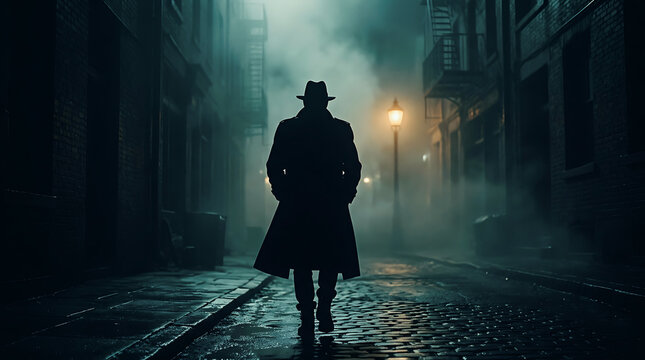 Silhouette of a man in a fedora walking down a dark alleyway Detective Mystery Document, Dark Cinematic