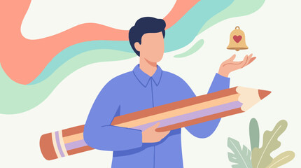 Obraz premium Illustration of a creative person holding a large pencil and a notification bell