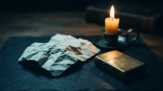 Crumpled paper and lighter with candle on dark surface Detective Mystery Document, Dark Cinematic