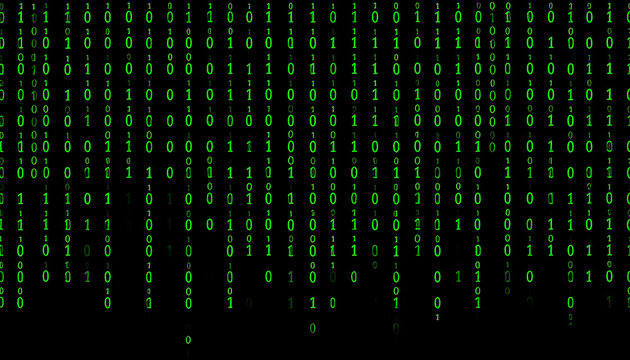 Green digital rain of binary code falling on black background, abstract technology concept, data stream effect, cybersecurity backdrop