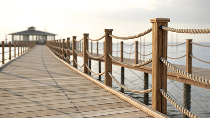 Naklejka premium Wooden boardwalk with rope railing isolated perspective pier design