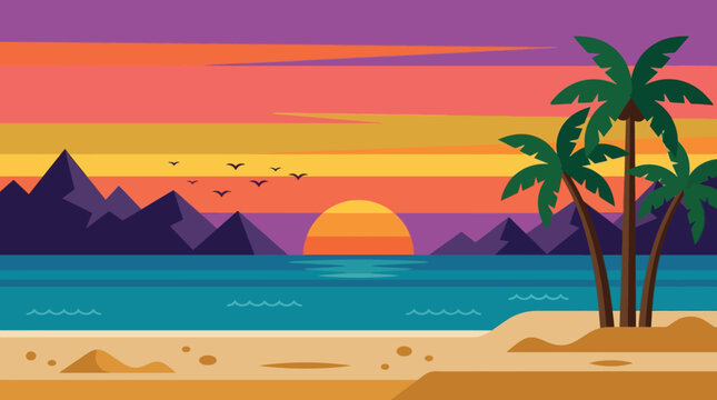Vibrant flat design tropical sunset illustration with serene ocean, silhouetted palm trees, distant mountains, and colorful sky, evoking a peaceful beach getaway