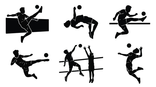 Silhouettes of sepak takraw or soccer players kicking ball in various poses
