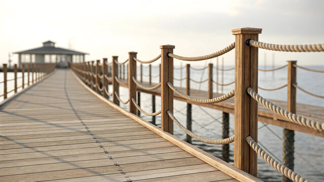 Wooden boardwalk with rope railing isolated perspective pier design