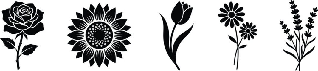 Flower Silhouette Collection Set Featuring Rose Sunflower Tulip Daisy and Lavender Botanical Vector IconsFlower Silhouette Collection Set Featuring Rose Sunflower Tulip Daisy © Md