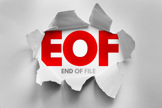 EOF End of File concept shown as bold letters revealed through torn paper hole symbolizing data termination, file structure ending, computing processes, storage limits, software workflow clarity