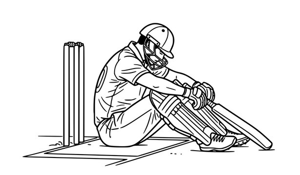 Cricket batsman sitting on ground sad disappointed line art vector