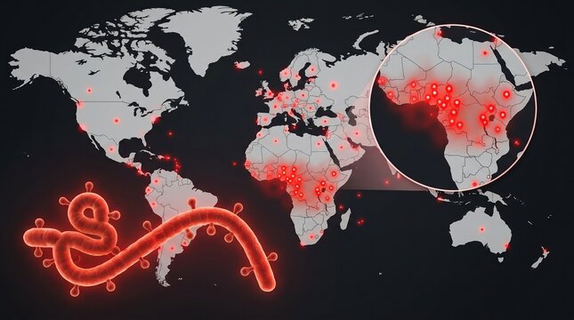 World map showing ebola outbreak locations highlighted in red with virus particle.