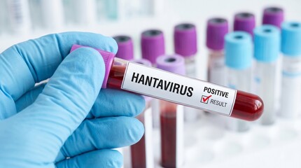 Obraz premium Medical professional holding blood sample tube labeled hantavirus positive result in laboratory for clinical testing and diagnosis process.