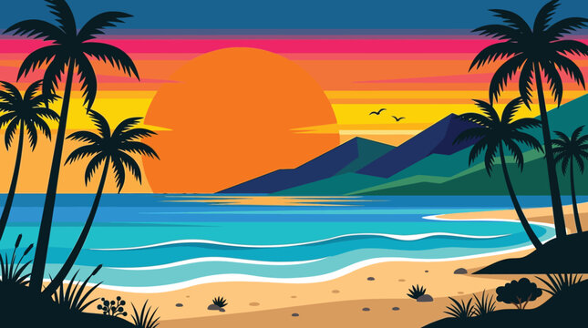 Vibrant Tropical Sunset Panorama on a Secluded Beach with Silhouetted Palm Trees and Gentle Ocean Waves, Evoking a Serene Island Paradise Vacation Experience