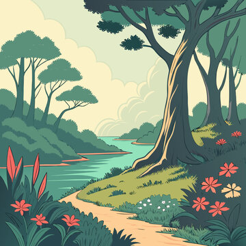 Forest scene with a winding path leading to a serene lake surrounded by lush greenery and colorful flowers scenic beauty scenic spot scenic route scenic drive scenic overlook scenic vista