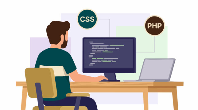 Programmer working on computer, coding with CSS and PHP concepts